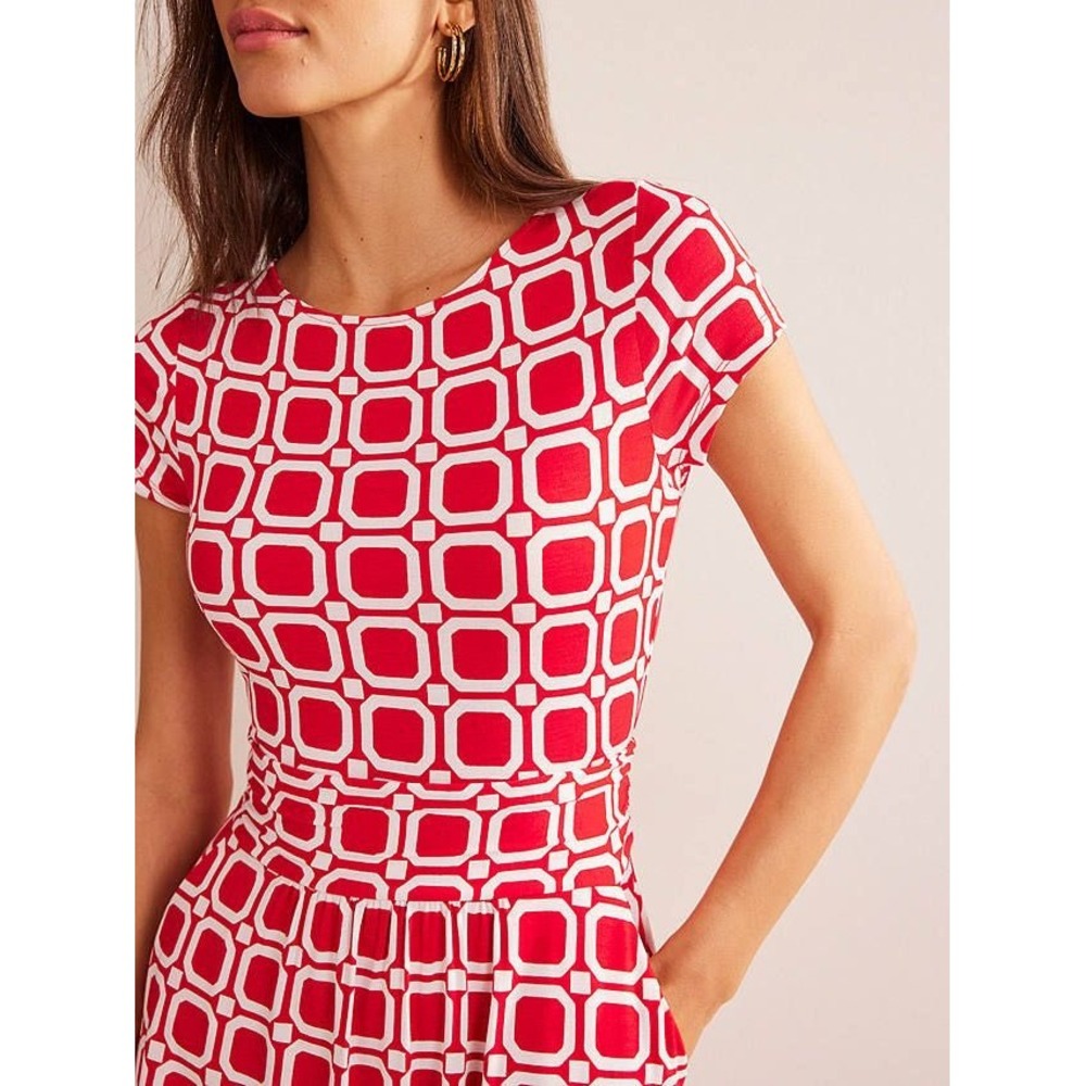 Boden Red Amelie White Geometric Square Print Jersey Dress Pockets US 6P J0326